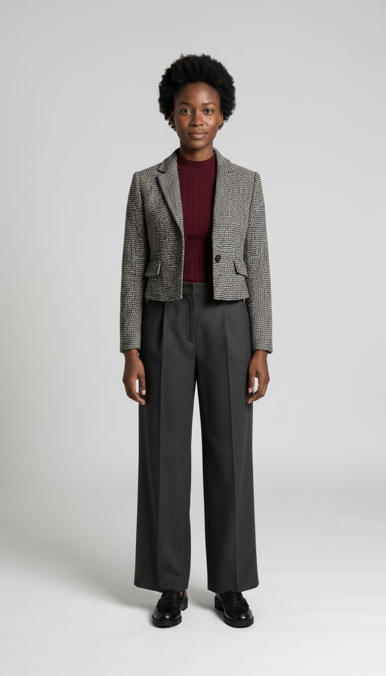 A woman wearing a fitted fine-gauge knit mock neck top in deep burgundy, cropped, high-waisted and black polished leather loafers — a dark academia outfit.