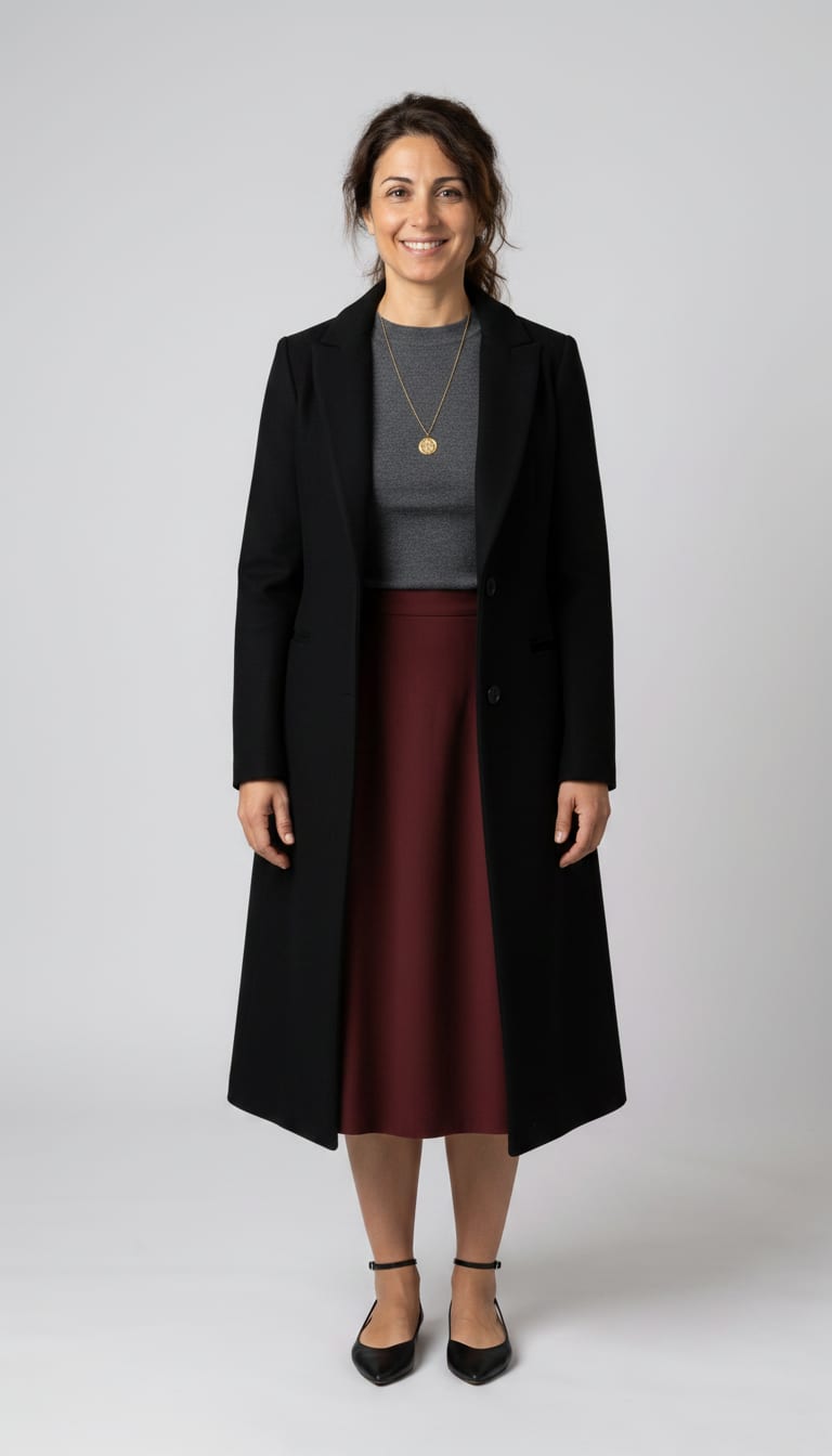 A woman wearing an oxblood A-line midi skirt in a soft wool blend, charcoal grey fitted fine-gauge knit top, long and black pointed-toe leather flats — a dark academia outfit.