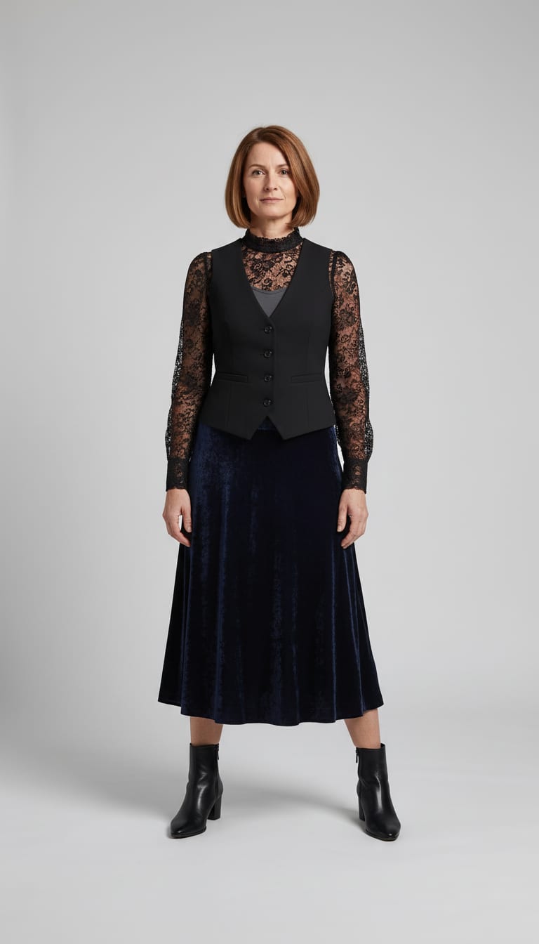 A woman wearing a high-neck black floral lace blouse, fitted black tailoring waistcoat in woven twill, fluid A-line midi skirt cut from deep midnight blue crushed velvet and sleek pointed-toe ankle boots in smooth black leather — a dark romance outfit.