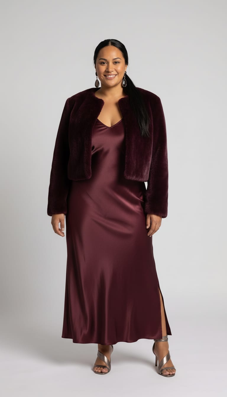 A woman wearing a cropped collarless faux-fur jacket in deep plum, v-neck bias-cut maxi slip dress in rich mulberry silk-satin, strappy evening sandals in metallic pewter leather and elongated drop earrings — a dark romance outfit.