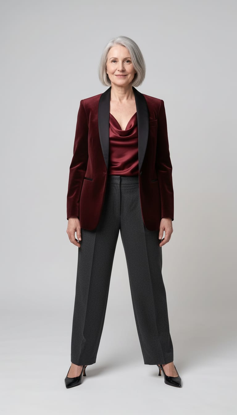A woman wearing a deep oxblood plush velvet single-breasted blazer, wine red washed silk-satin halter top, charcoal grey wool-blend tailored trousers and black patent leather slingback pumps — a dark romance outfit.