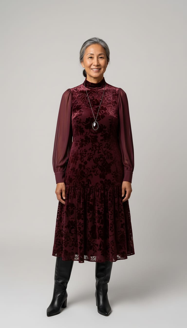 A woman wearing a deep wine midi dress in devoré floral velvet, smooth black leather knee-high boots and dark antiqued silver pendant necklace set — a dark romance outfit.