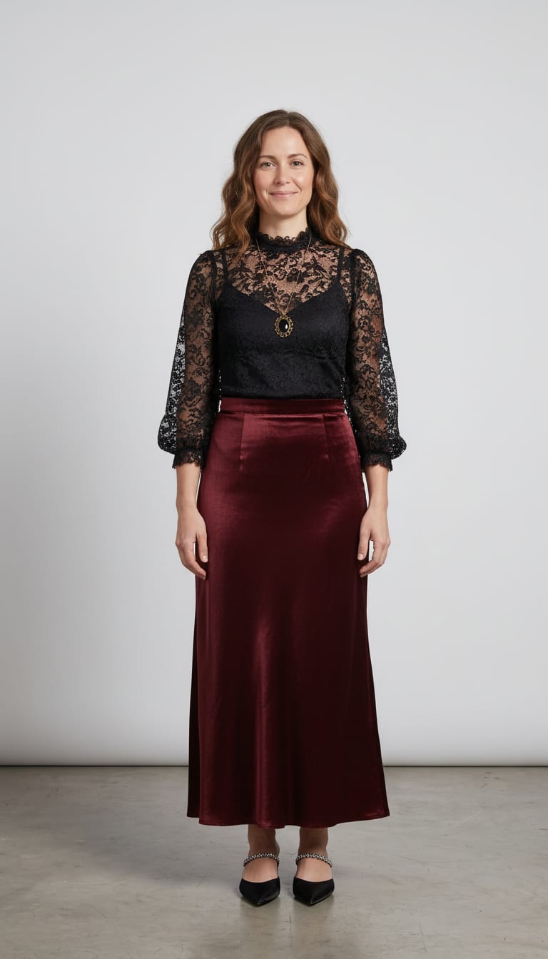 A woman wearing a high-neck black sheer floral lace blouse, maxi-length bias-cut silk velvet skirt in rich wine burgundy, black pointed-toe satin mules and antique brass pendant necklace — a dark romance outfit.