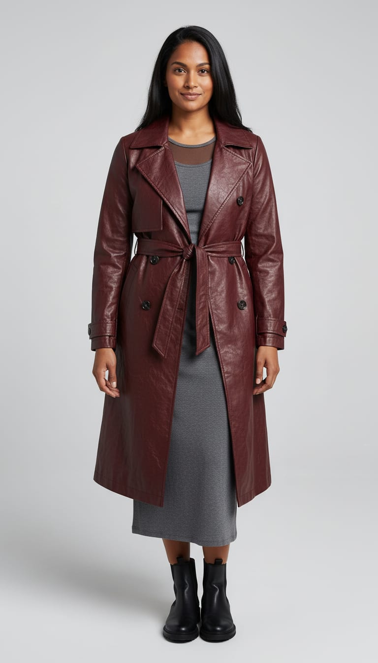 A woman wearing a calf-length double-breasted trench coat in deep oxblood crinkled faux leather, column midi dress in washed charcoal fine-gauge stretch rib knit and ankle chelsea boots in black leather — a dark romance outfit.