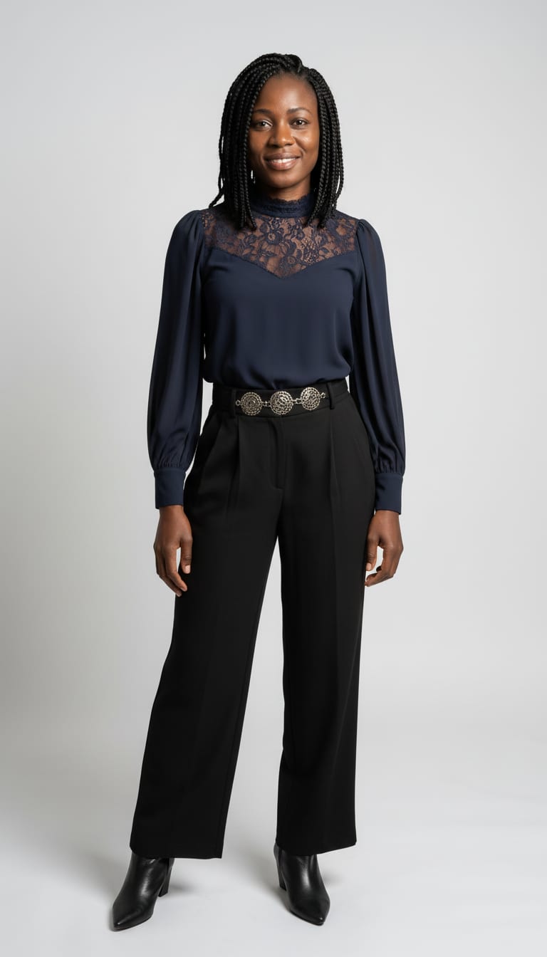 A woman wearing a high-neck sheer lace-inset blouse in midnight navy, fluid high-waisted pleated wide-leg trousers in structured black crepe, pointed-toe ankle boots in smooth black leather and adjustable antique silver waist belt composed of linked ornate filigree medallions — a dark romance outfit.