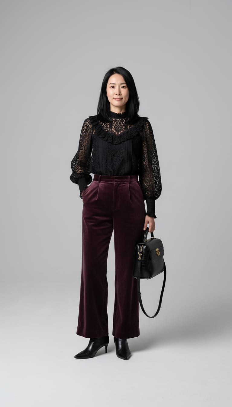 A woman wearing a black guipure lace blouse, deep plum velvet wide-leg trousers, black embossed-croc leather ankle boots and structured black leather box bag — a dark romance outfit.