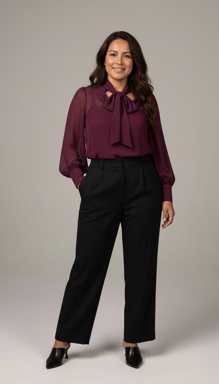 A woman wearing a semi-sheer chiffon blouse in deep mulberry purple, high-waisted wide-leg tailored trousers in charcoal black crepe and backless pointed-toe slip-on mules in polished black calfskin leather — a dark romance outfit.