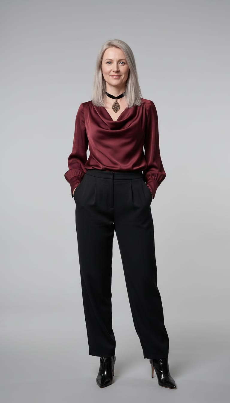 A woman wearing a deep burgundy satin blouse, high-waisted black fluid crepe trousers cut in a relaxed wide-leg silhouette, sleek pointed-toe black patent ankle boots and black velvet ribbon choker — a dark romance outfit.