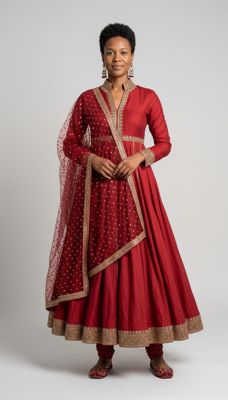 A woman wearing a floor-length ruby red chanderi silk anarkali suit, fitted ruby red cotton-silk churidar trousers, ruby red sheer net dupatta accented and ruby red velvet pointed-toe juttis embroidered — a Diwali outfit.