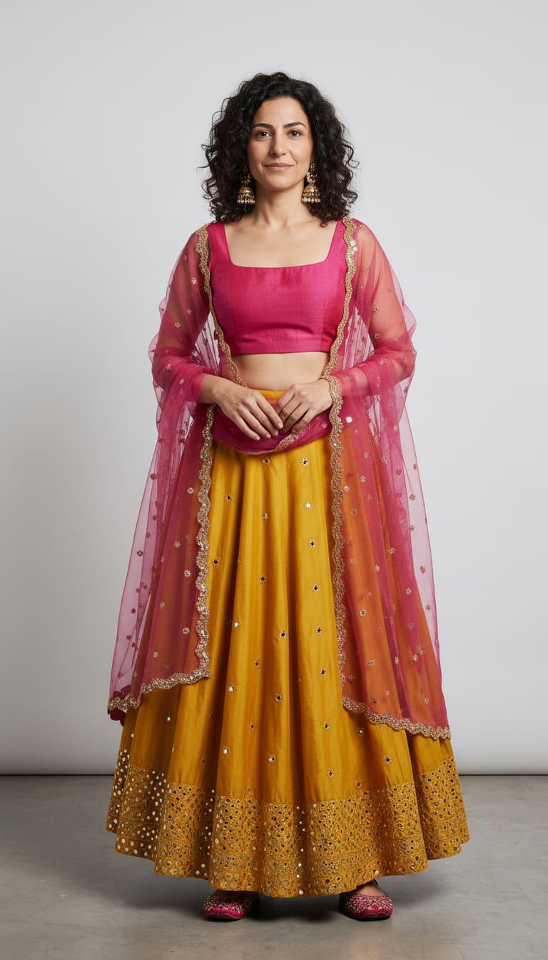 A woman wearing a square-neck fuchsia compact-knit structured choli cropped above the waist, voluminous marigold yellow art silk lehenga skirt detailed, airy fuchsia pink tulle dupatta framed by an embroidered gold mirror-work lace edge and fuchsia textile slip-on juttis embellished — a Diwali outfit.