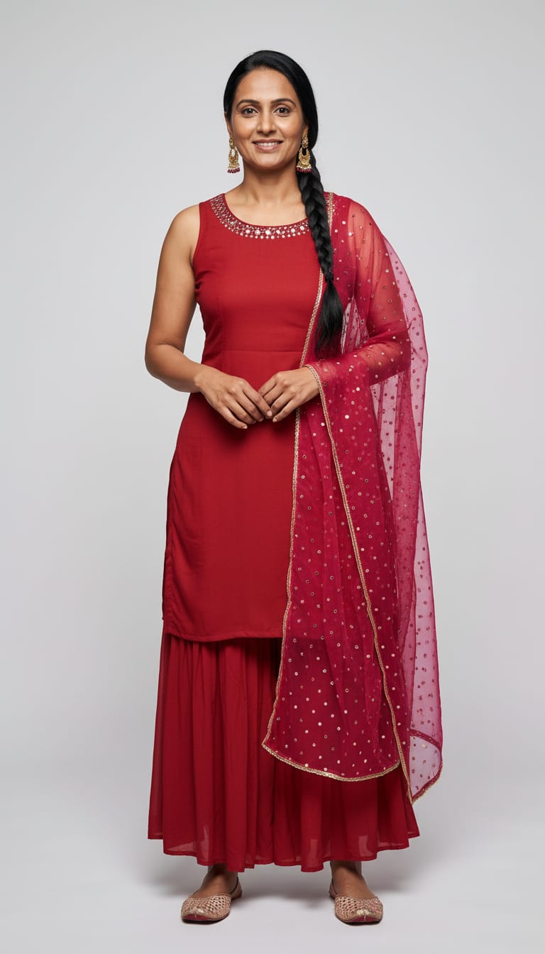 A woman wearing a fitted ruby red georgette short kurta, lightweight fuchsia pink net dupatta embellished, rose gold metallic leather slip-on juttis embroidered and tiered crescent chandbali jhumka earrings in yellow gold finish — a Diwali outfit.