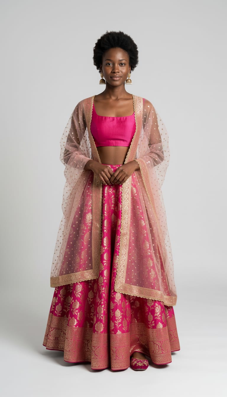 A woman wearing a fuchsia pink structured silk choli, floor-length fuchsia Banarasi brocade flared skirt woven, blush pink sheer net dupatta accented and slip-on fuchsia velvet juttis decorated — a Diwali outfit.