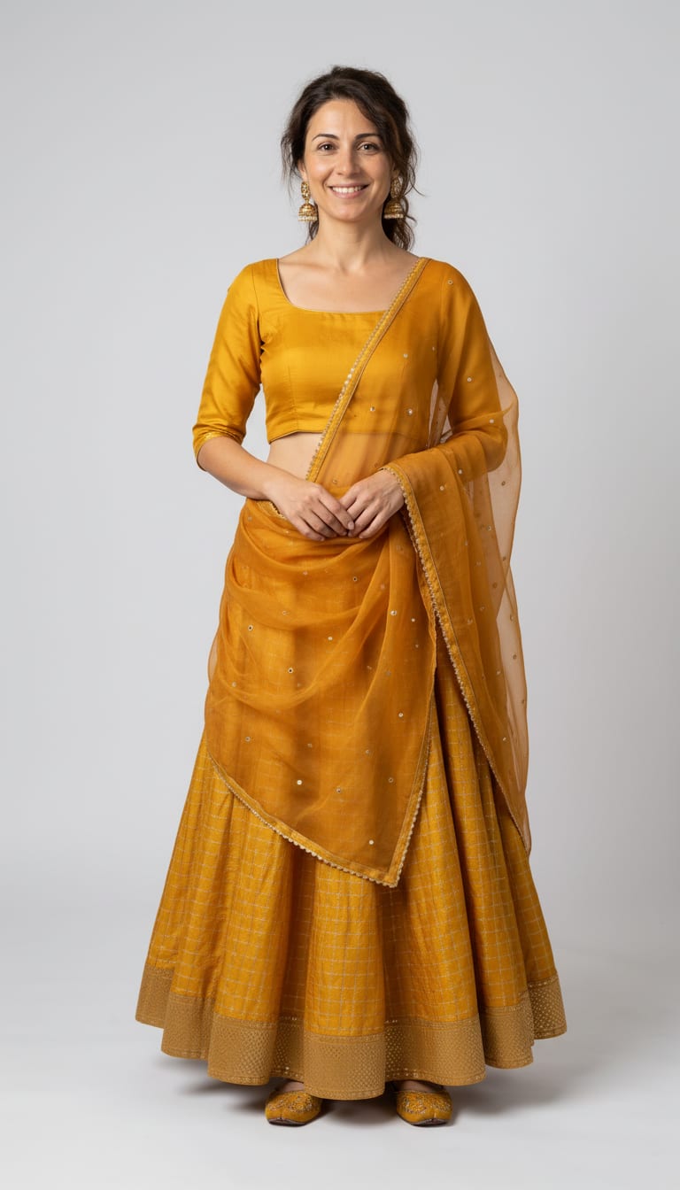 A woman wearing a fitted marigold yellow raw silk choli top, voluminous Chanderi silk flared lehenga skirt in rich marigold, translucent marigold chiffon dupatta finished and traditional slip-on juttis in warm mustard yellow suede decorated — a Diwali outfit.