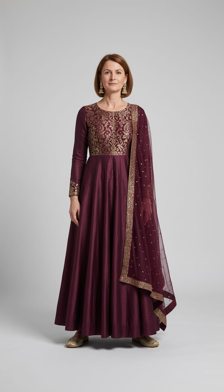 A woman wearing a floor-length paneled kalidar gown in deep plum silk blend, fine sheer tulle dupatta in deep plum, traditional pointed-toe metallic brocade juttis in champagne gold and intricate kundan and gold-plated jhumka earrings — a Diwali outfit.