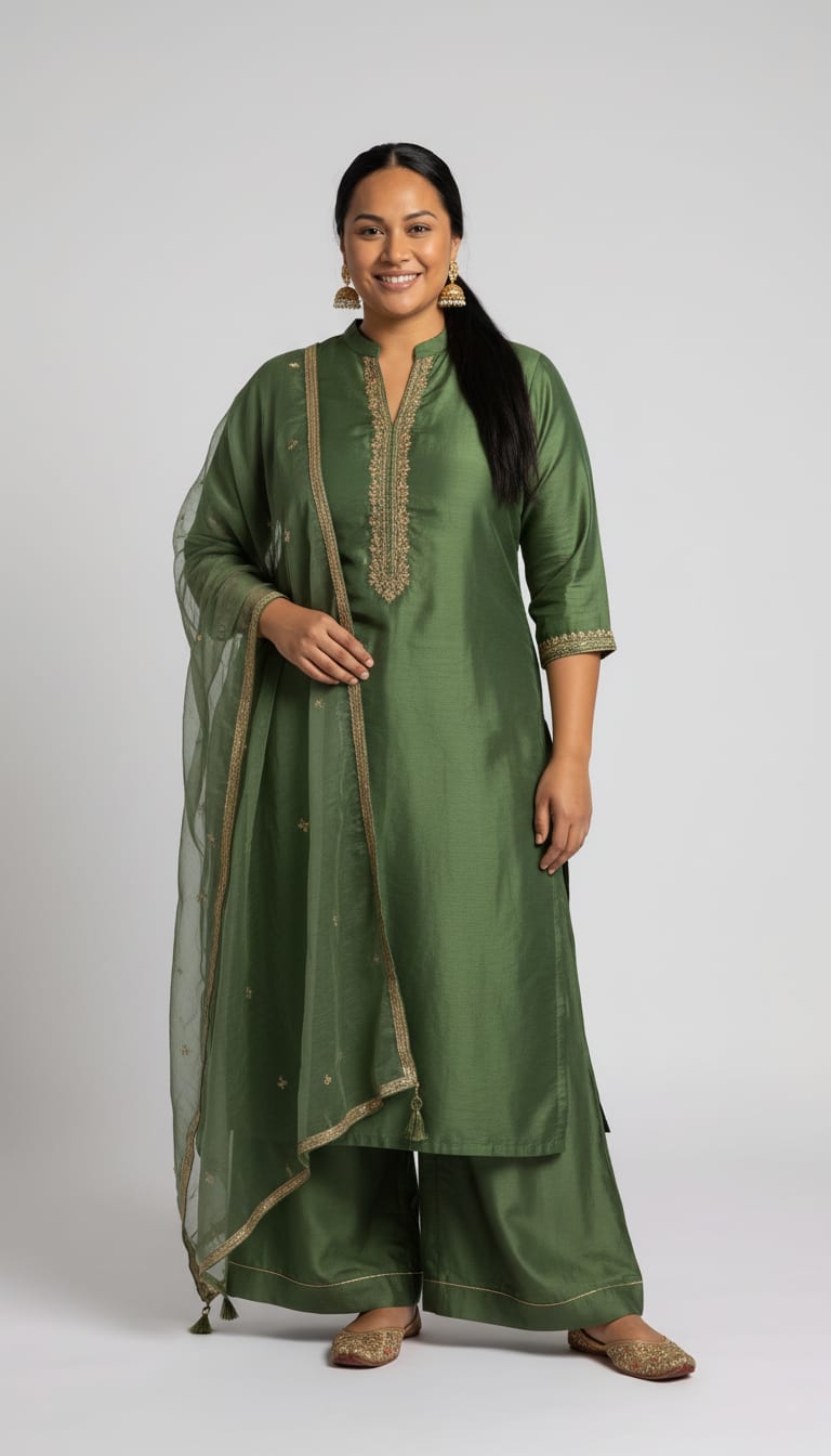 A woman wearing a straight-cut emerald moss green raw silk kurta, flowing moss green silk palazzo pants, sheer lightweight moss green organza dupatta finished and pointed-toe leather juttis hand-embroidered — a Diwali outfit.