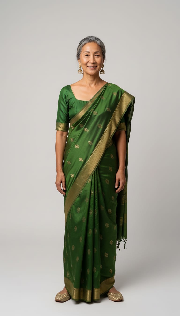 A woman wearing a rich moss green woven art silk saree, fitted moss green raw silk saree blouse, handcrafted gold faux-leather juttis and antique gold-plated brass bell jhumka earrings finished — a Diwali outfit.
