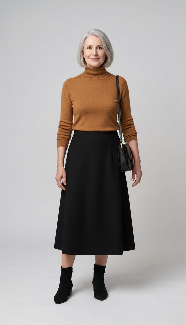 A woman wearing a black A-line midi skirt in a fine wool blend, rich camel fine-gauge cashmere blend turtleneck sweater, black suede ankle boots and black structured leather shoulder bag — a elevated basics outfit.