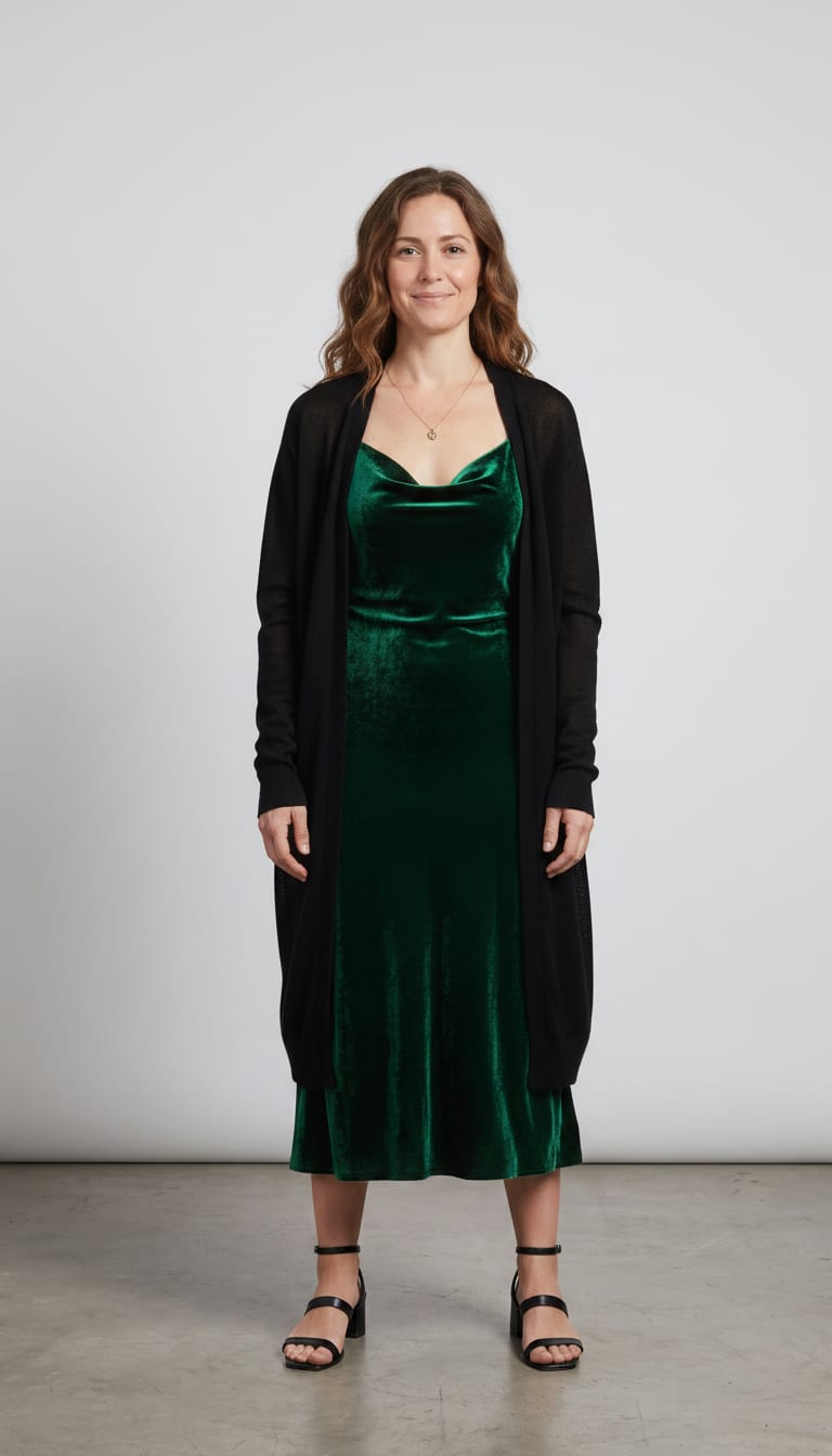 A woman wearing an emerald green velvet midi slip dress, black drapey longline cardigan in fine-gauge merino wool, black leather strappy block heel sandals and delicate gold chain necklace — a elevated basics outfit.