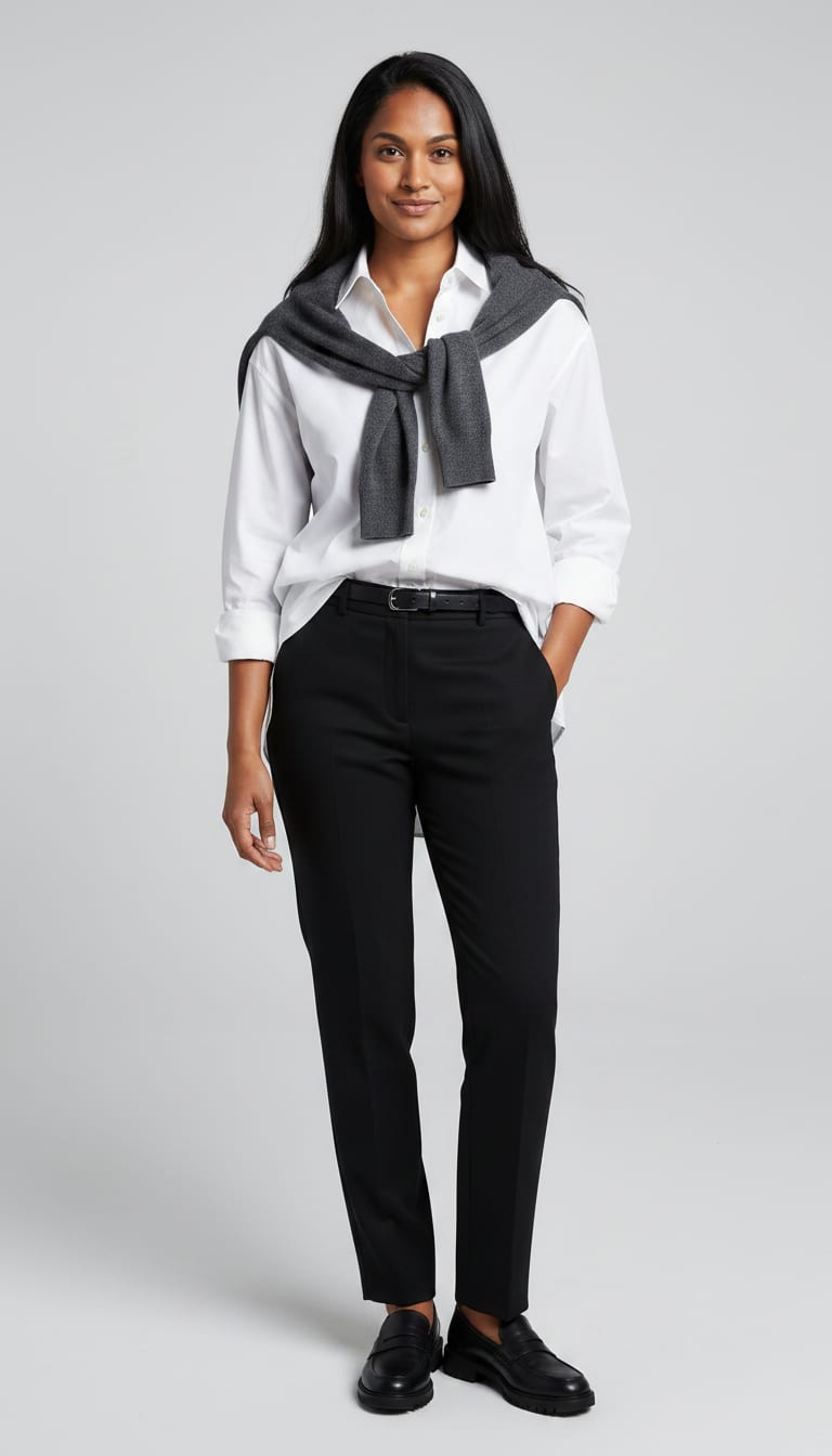 A woman wearing a tailored straight-leg trousers in a matte black wool blend, oversized crisp white cotton poplin button-down shirt, fine gauge knit crewneck sweater in charcoal grey and black leather loafers — a elevated basics outfit.