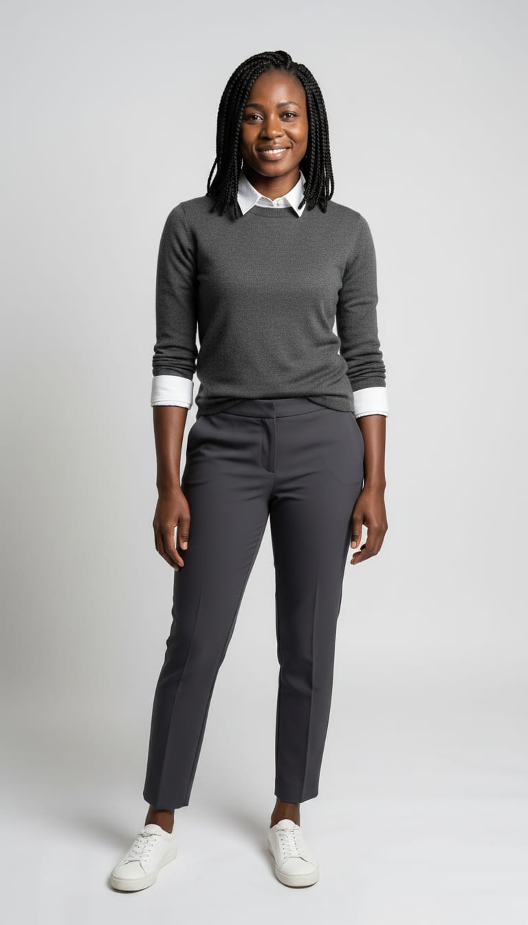 A woman wearing a crisp white cotton poplin button-down shirt, fine-gauge merino wool crewneck sweater in charcoal gray and minimalist white leather sneakers — a elevated basics outfit.