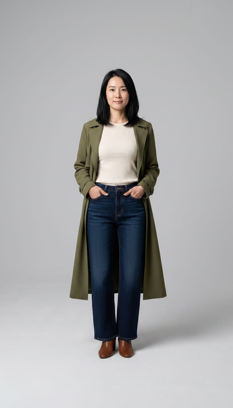 A woman wearing a cream ribbed knit fitted long-sleeve top, dark wash indigo high-rise wide-leg denim jeans, olive green longline trench coat and cognac brown leather ankle boots — a elevated basics outfit.
