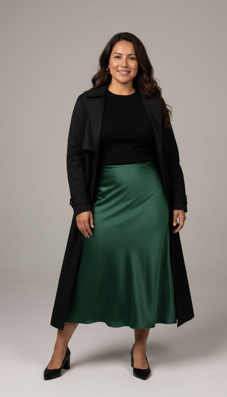 A woman wearing a high-waisted A-line midi skirt in a rich forest green satin, fitted long-sleeve fine-gauge knit top in black, longline trench coat in classic black cotton twill and black leather block heel pumps — a elevated basics outfit.