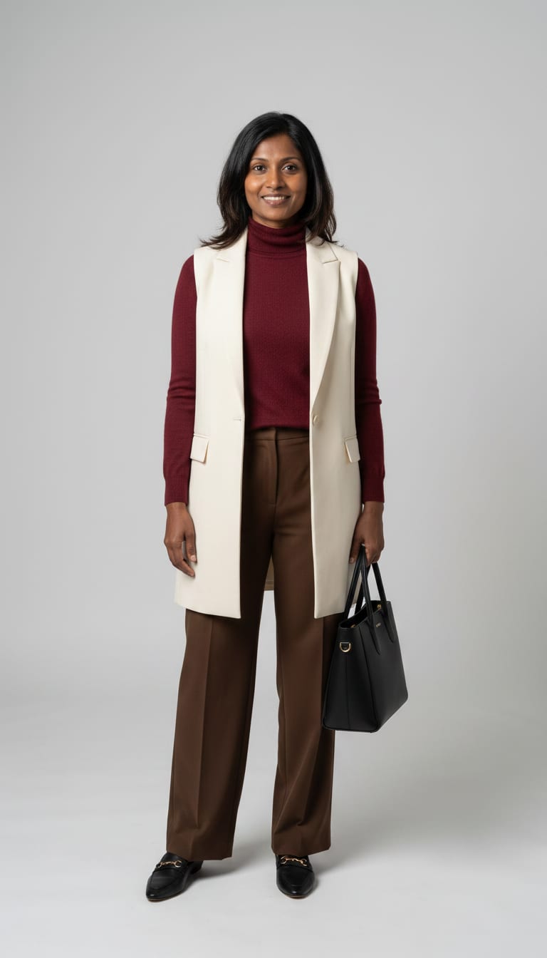 A woman wearing a burgundy fine-gauge cashmere-blend turtleneck sweater, chocolate brown tailored wide-leg trousers, cream longline tailored vest and black leather pointed-toe loafers — a elevated basics outfit.