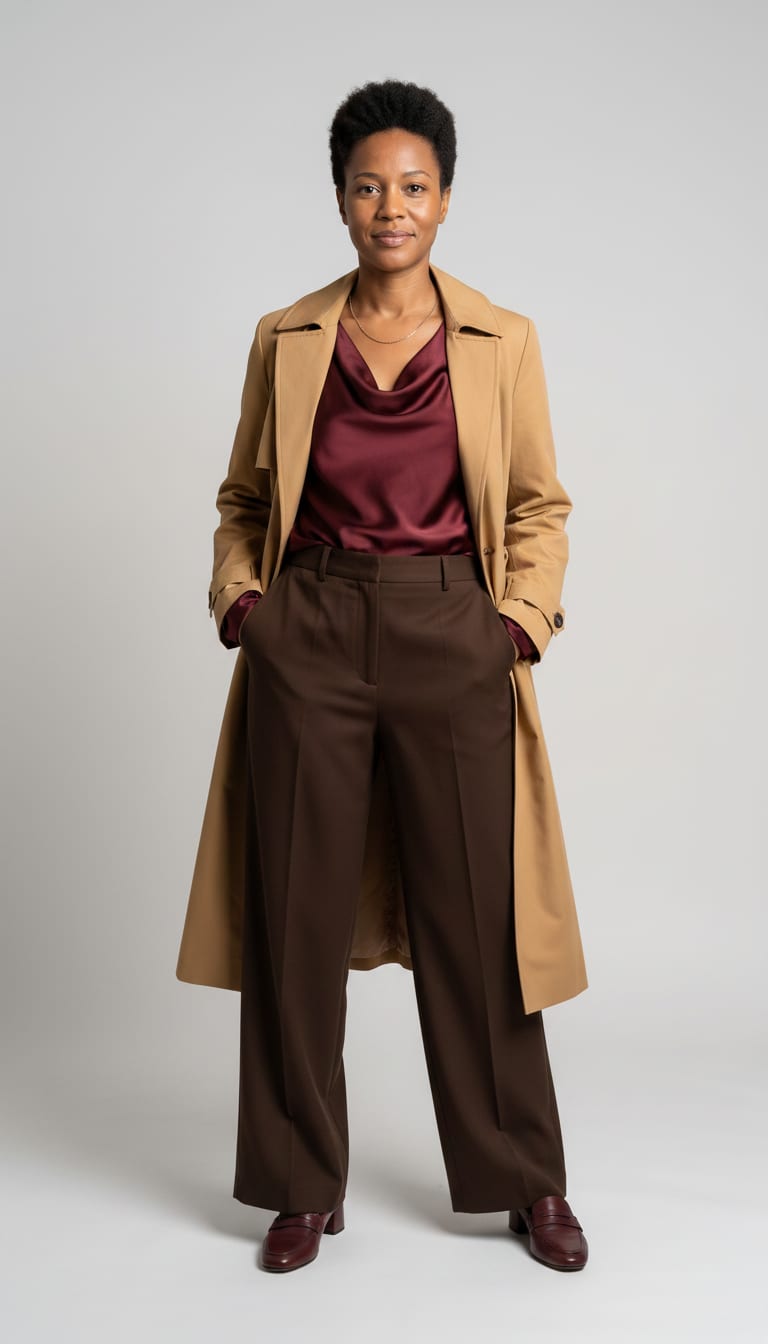 A woman wearing a rich burgundy satin long-sleeve blouse, chocolate brown fluid wide-leg tailored trousers in a heavy drape fabric, camel single-breasted longline trench coat and burgundy leather block heel loafers — a elevated basics outfit.