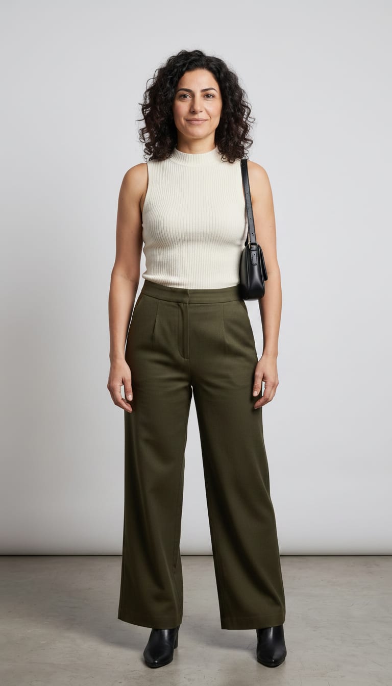 A woman wearing a high-neck cream ribbed knit sleeveless top, high-waisted, sleek black leather pointed-toe ankle boots and a compact black minimalist leather shoulder bag — a elevated basics outfit.