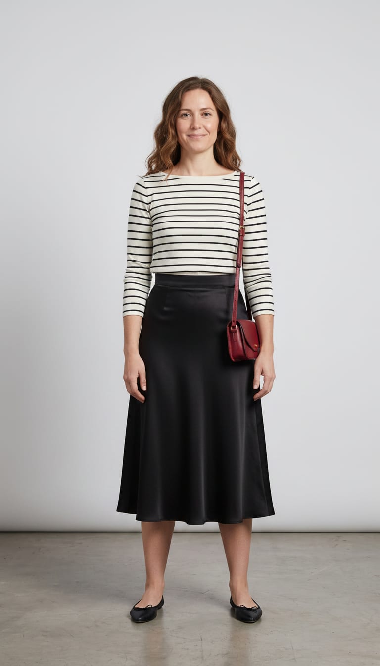 A woman wearing an ivory fine-gauge knit long-sleeve top, high-waisted black satin A-line midi skirt, black leather ballet flats and small — a french girl outfit.