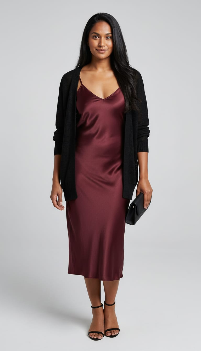 A woman wearing a deep burgundy satin bias-cut midi slip dress, black fine-gauge knit open-front longline cardigan, black delicate strappy high-heel sandals and black structured mini clutch bag — a french girl outfit.