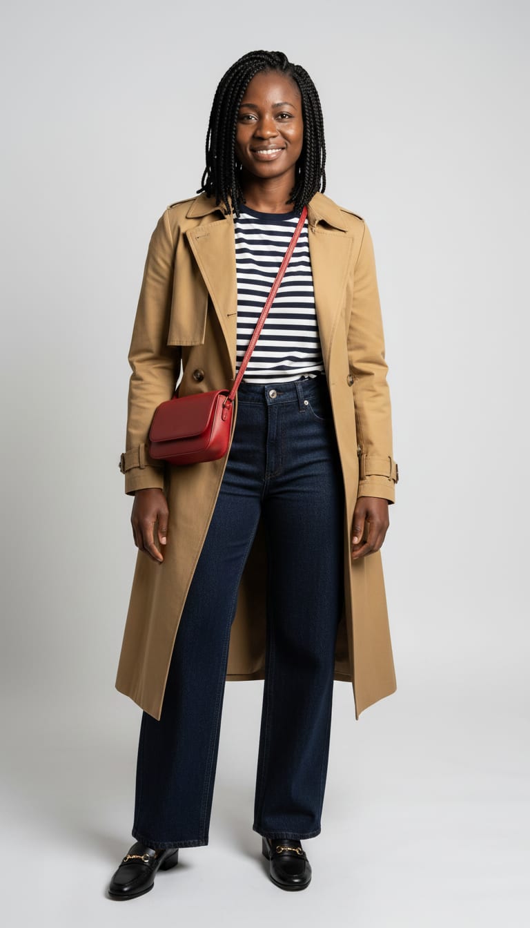 A woman wearing a classic navy and white striped long-sleeve Breton t-shirt in soft cotton, high-waisted, classic tan cotton trench coat and polished black leather loafers — a french girl outfit.