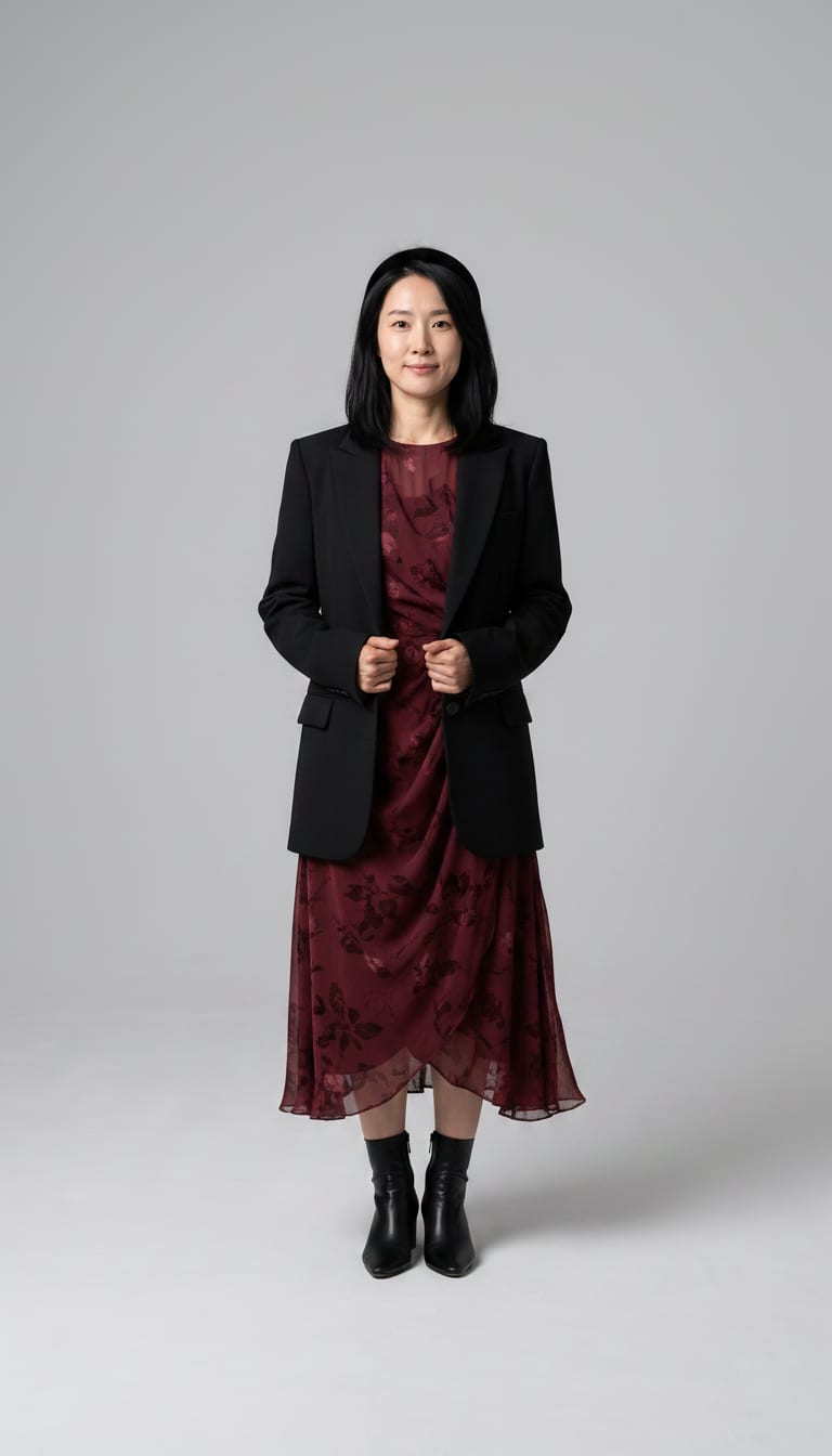 A woman wearing a flowy midi dress in deep burgundy chiffon, black leather block-heeled ankle boots, tailored black wool blend blazer and small black velvet headband — a french girl outfit.