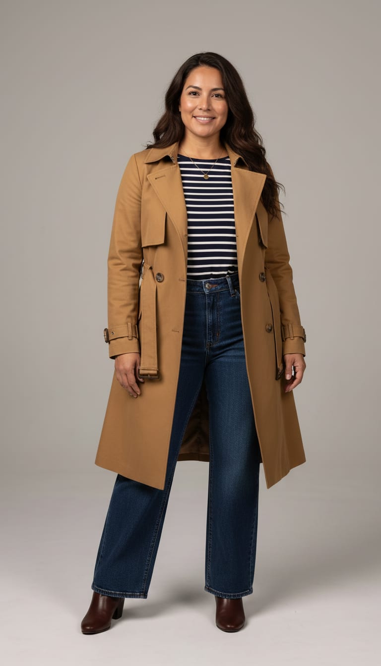 A woman wearing a navy and white classic Breton striped long-sleeve t-shirt in soft cotton, dark wash wide-leg denim jeans, classic camel trench coat and comfortable deep brown leather ankle boots — a french girl outfit.