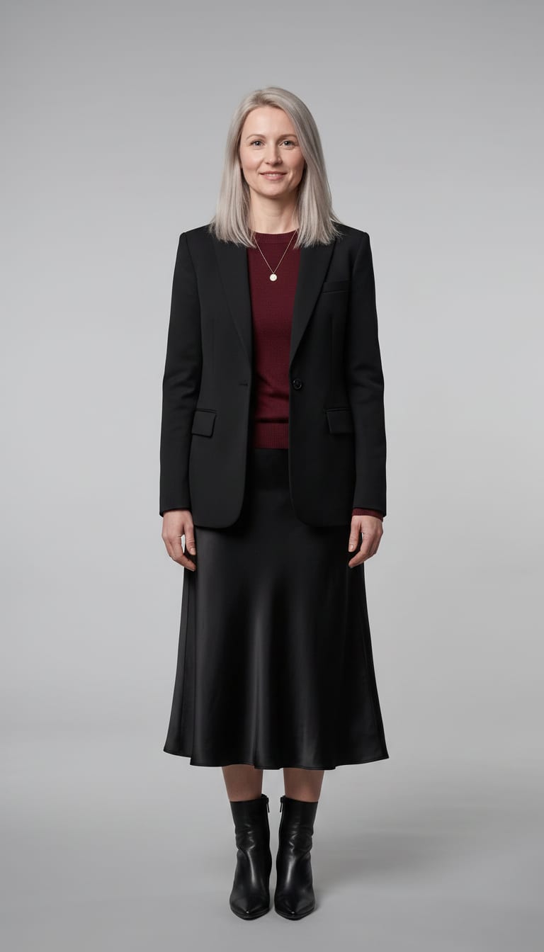 A woman wearing a black satin A-line midi skirt, deep burgundy long-sleeve fitted fine-gauge knit crew neck top, black tailored wool blazer and black leather block-heel ankle boots — a french girl outfit.