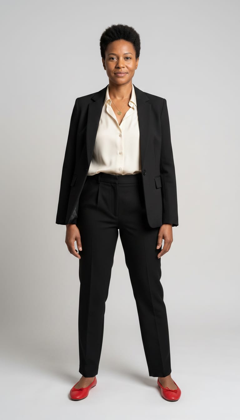 A woman wearing a cream silk-blend button-down shirt, high-waisted straight-leg black tailored trousers in a refined crepe fabric, structured black blazer and vibrant red leather ballet flats — a french girl outfit.