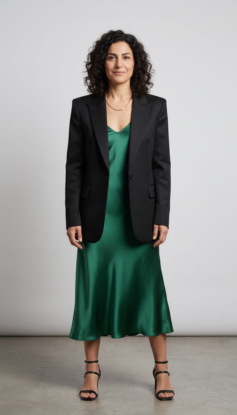 A woman wearing an emerald green satin midi slip dress, black tailored blazer, black leather strappy stiletto sandals and delicate gold-plated box chain necklace — a french girl outfit.