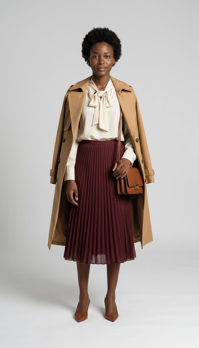 A woman wearing a cream silk blend pussy-bow blouse, burgundy pleated midi skirt, camel trench coat and brown leather kitten heel pumps — a french girl outfit.
