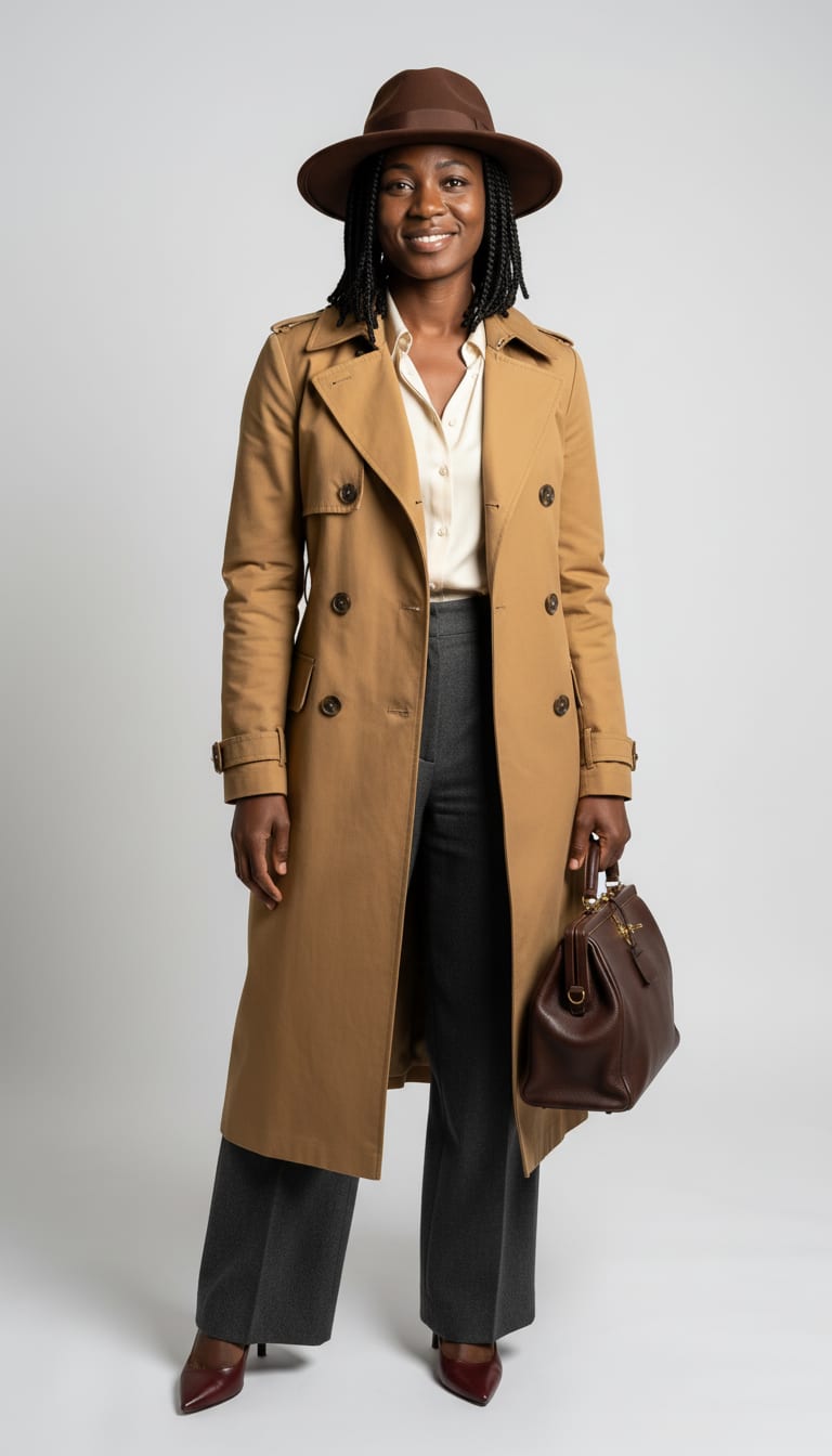 A woman wearing a classic double-breasted camel trench coat, high-rise charcoal wool-blend wide-leg trousers, ivory silk-satin button-up blouse and chocolate brown wool felt fedora — a Halloween outfit.
