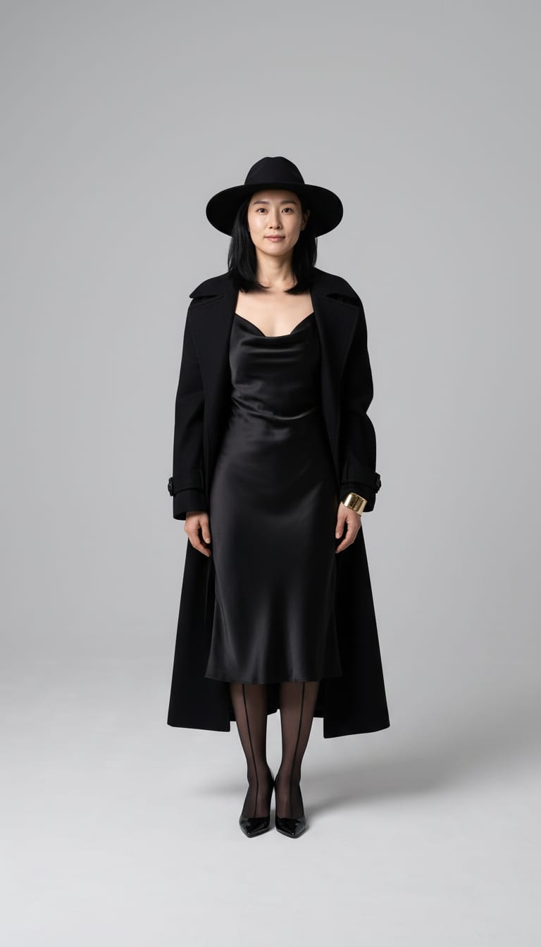 A woman wearing a black bias-cut satin midi slip dress, long black belted trench coat, sheer black thigh-high stockings and wide polished gold cuff bracelet — a Halloween outfit.