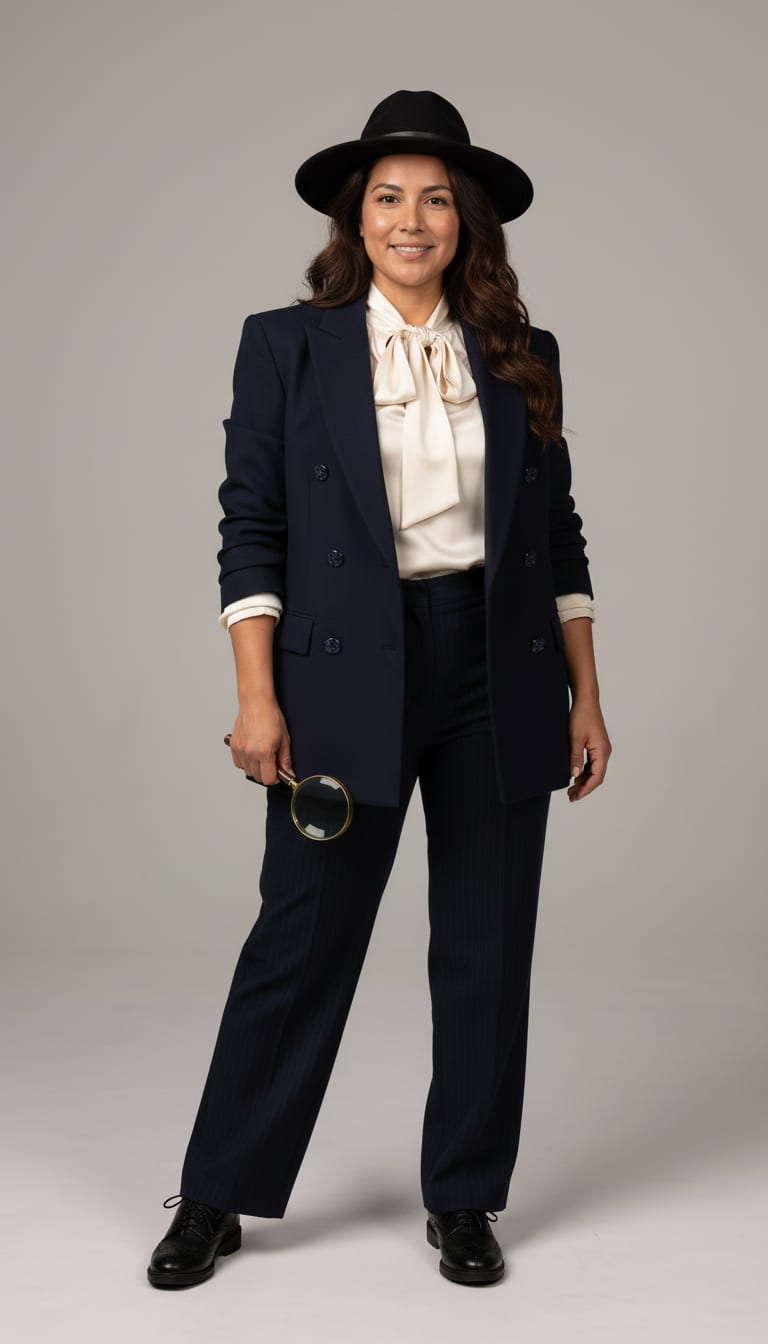 A woman wearing a navy double-breasted wool blazer, ivory satin pussy-bow blouse, navy chalk-pinstripe high-waisted wide-leg trousers and black wool felt fedora — a Halloween outfit.