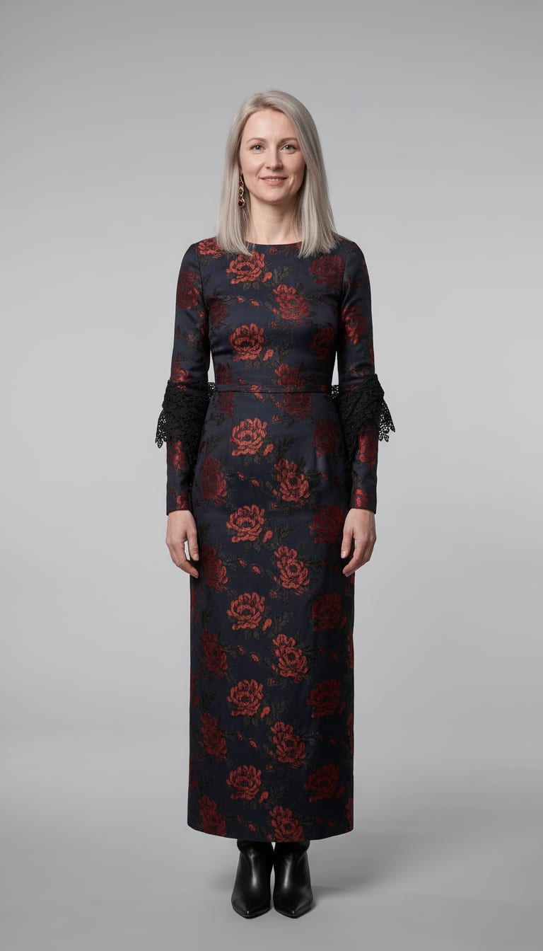 A woman wearing a floor-length dark navy floral jacquard column gown, black floral lace wrap shawl draped over the forearms, black leather pointed-toe stiletto ankle boots and antique gold and garnet drop earrings — a Halloween outfit.