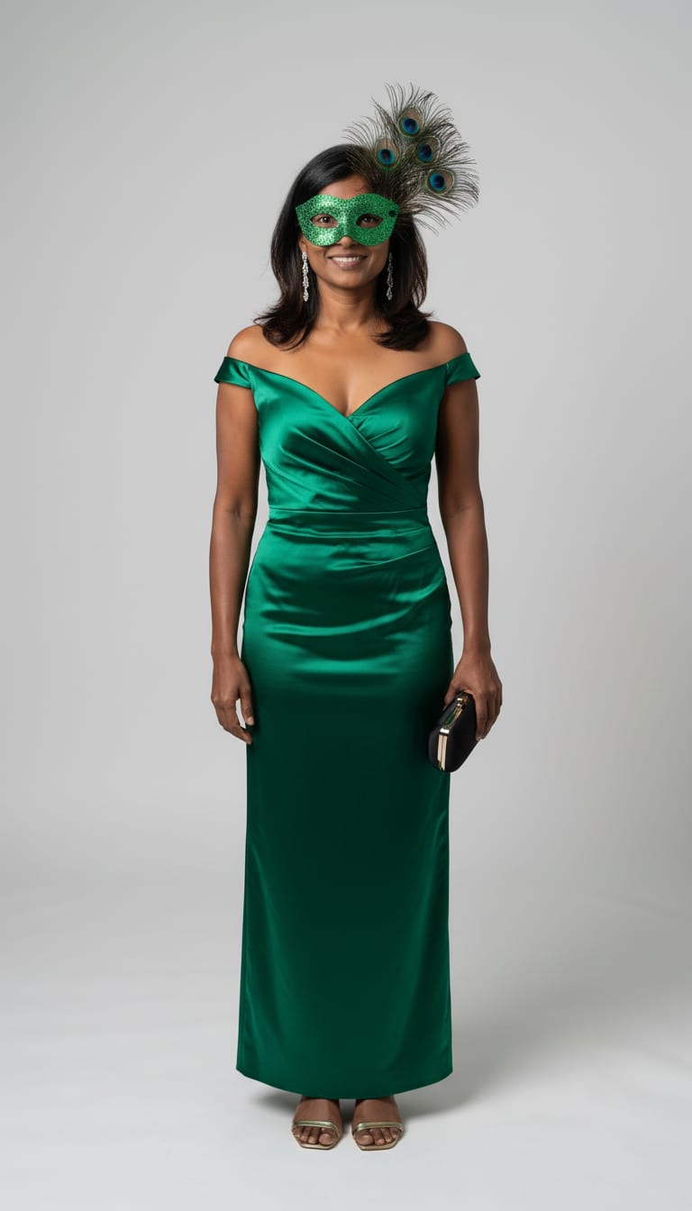 A woman wearing an emerald green satin off-the-shoulder evening gown, emerald green glitter masquerade eye mask, crystal teardrop drop earrings and black satin box clutch — a Halloween outfit.