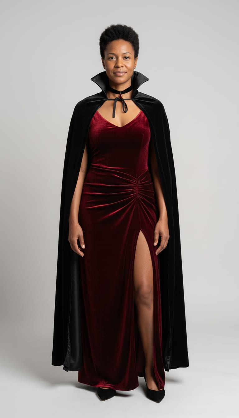 A woman wearing a floor-length wine-red velvet gown, floor-length black vampire cape, black velvet choker and black velvet pointed-toe pumps — a Halloween outfit.
