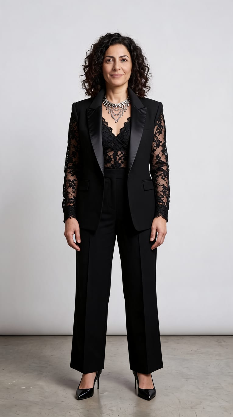 A woman wearing a black floral lace long-sleeve top, black tuxedo blazer, black high-waisted wide-leg tailored trousers and statement silver geometric collar necklace — a Halloween outfit.