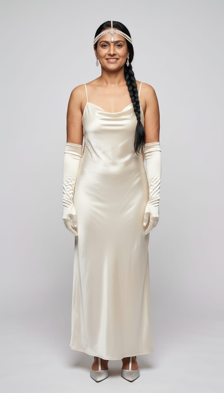 A woman wearing an ivory silk-satin bias-cut floor-length gown, 1920s art-deco pearl and crystal headpiece, long ivory satin opera gloves reaching above the elbow and art-deco crystal drop earrings — a Halloween outfit.