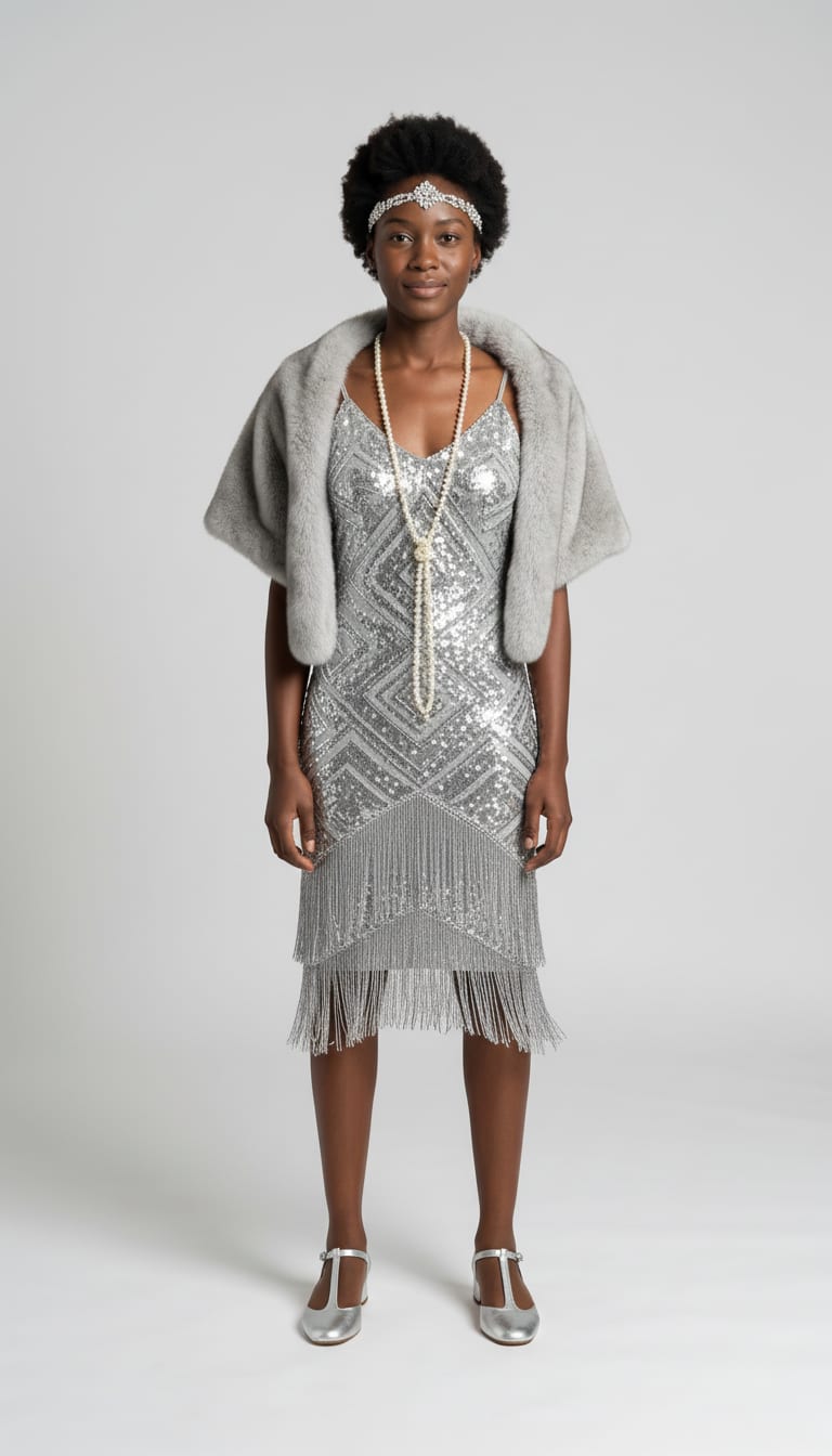 A woman wearing a silver sequin and beaded fringe 1920s flapper midi dress, soft grey faux-fur stole wrap, 1920s crystal deco headband and long white pearl rope necklace knotted at the chest — a Halloween outfit.