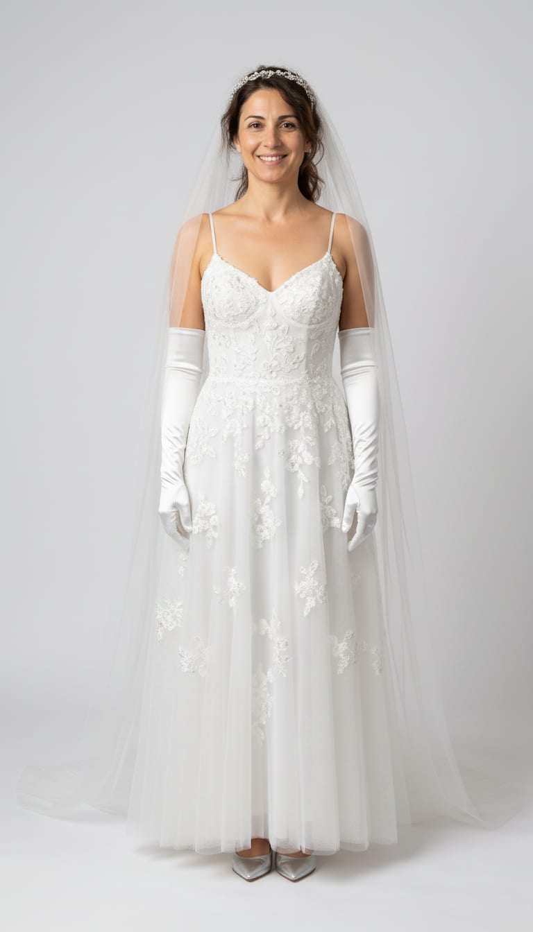 A woman wearing a white embroidered organza floor-length gown, long sheer white tulle cathedral veil, silver crystal deco hair vine headpiece and long white satin opera gloves — a Halloween outfit.