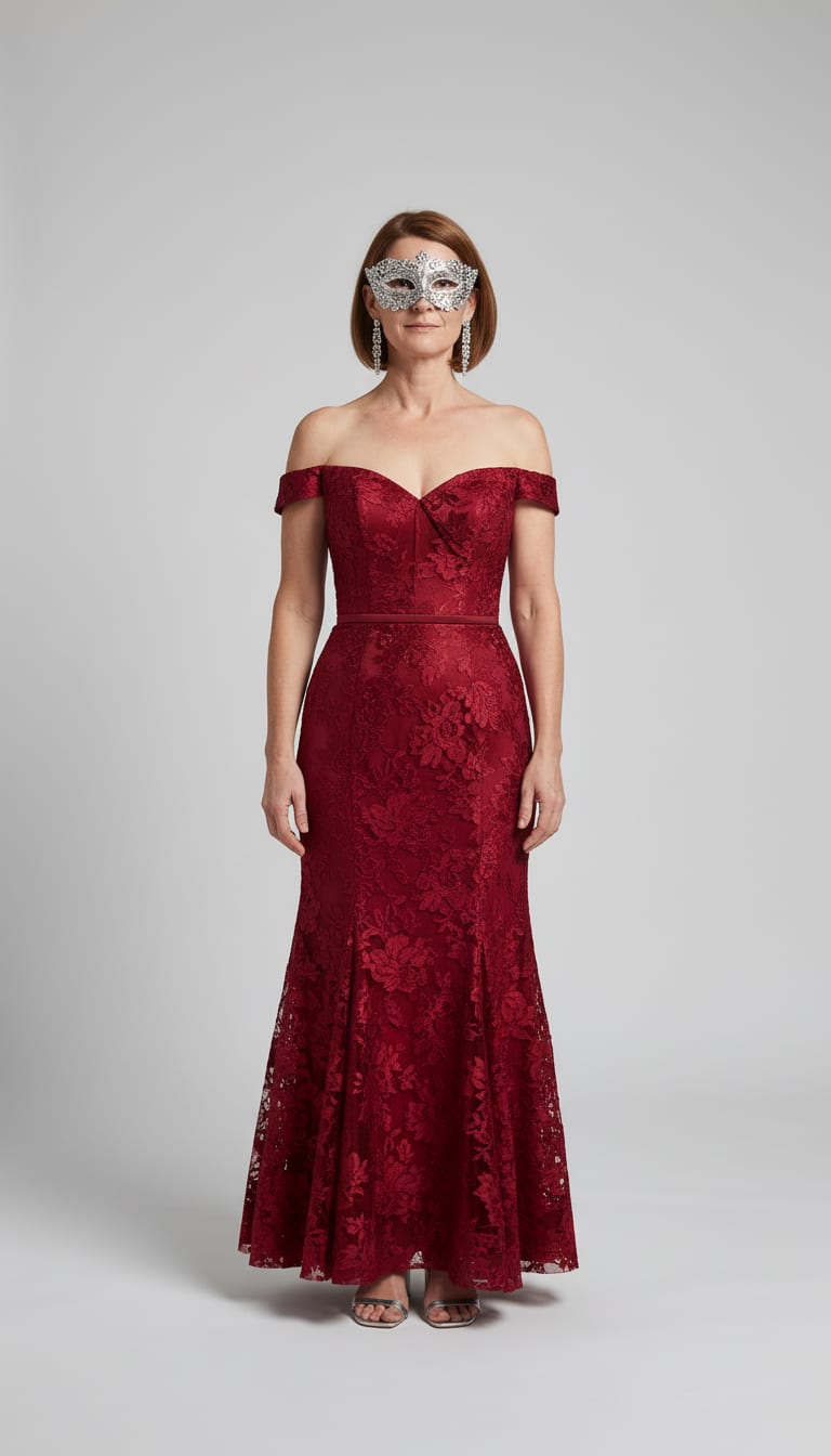 A woman wearing a crimson red floral lace off-the-shoulder mermaid evening gown, silver lace filigree masquerade eye mask, silver crystal statement drop earrings and silver strappy block-heel sandals — a Halloween outfit.