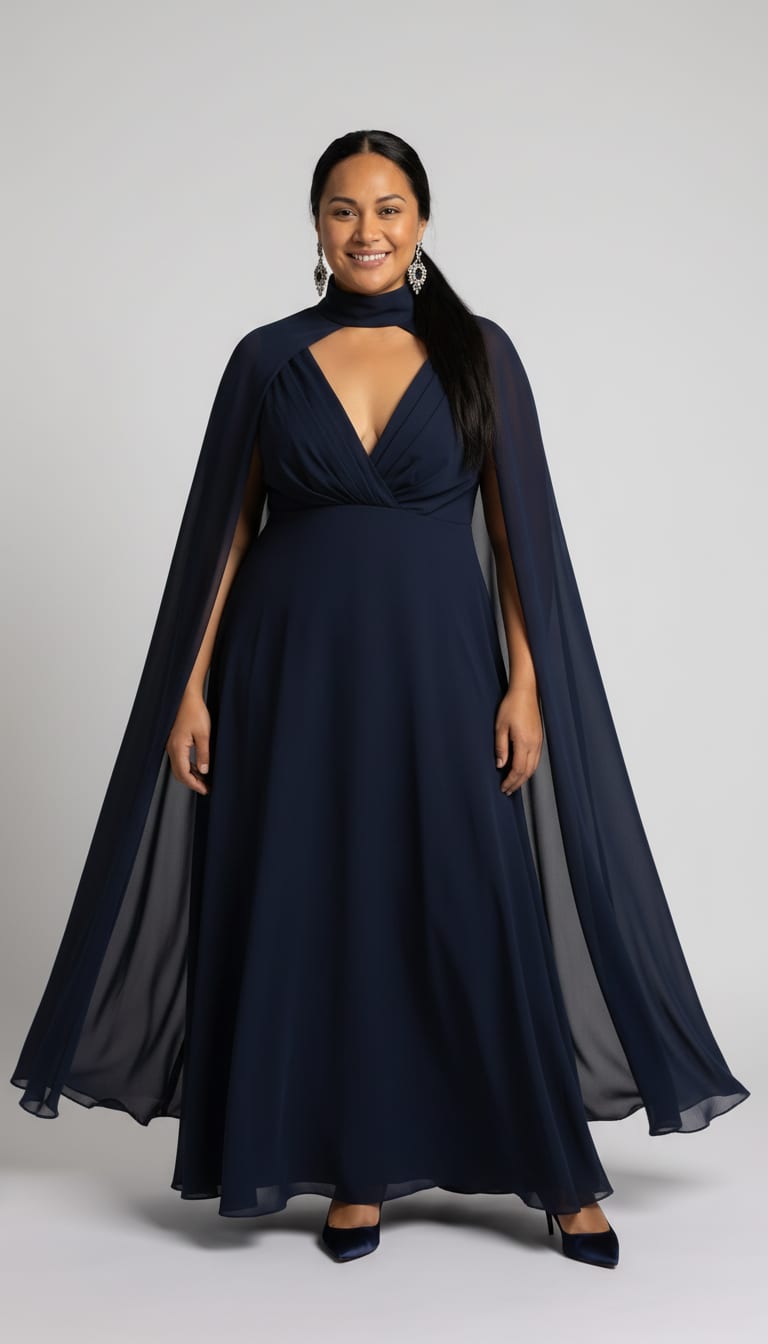 A woman wearing a midnight navy chiffon floor-length gown, silver and dark sapphire statement drop earrings, pair of small white vampire fangs and navy satin pointed-toe pumps — a Halloween outfit.